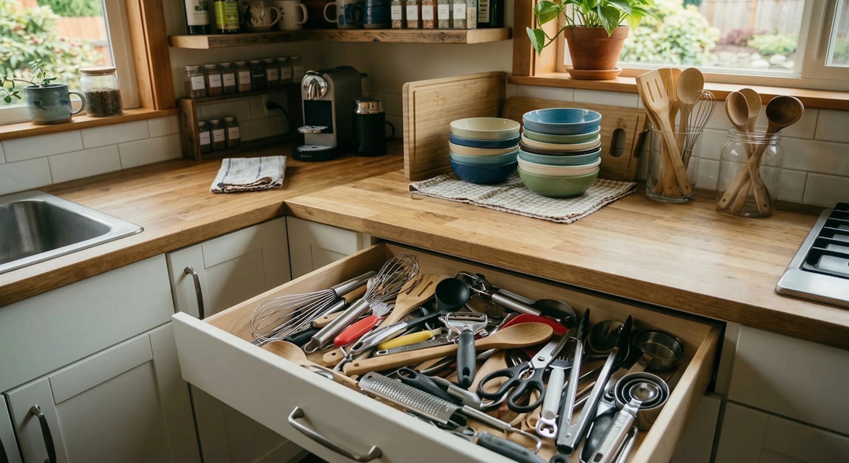 An organized kitchen with neatly arranged utensils and bowls
