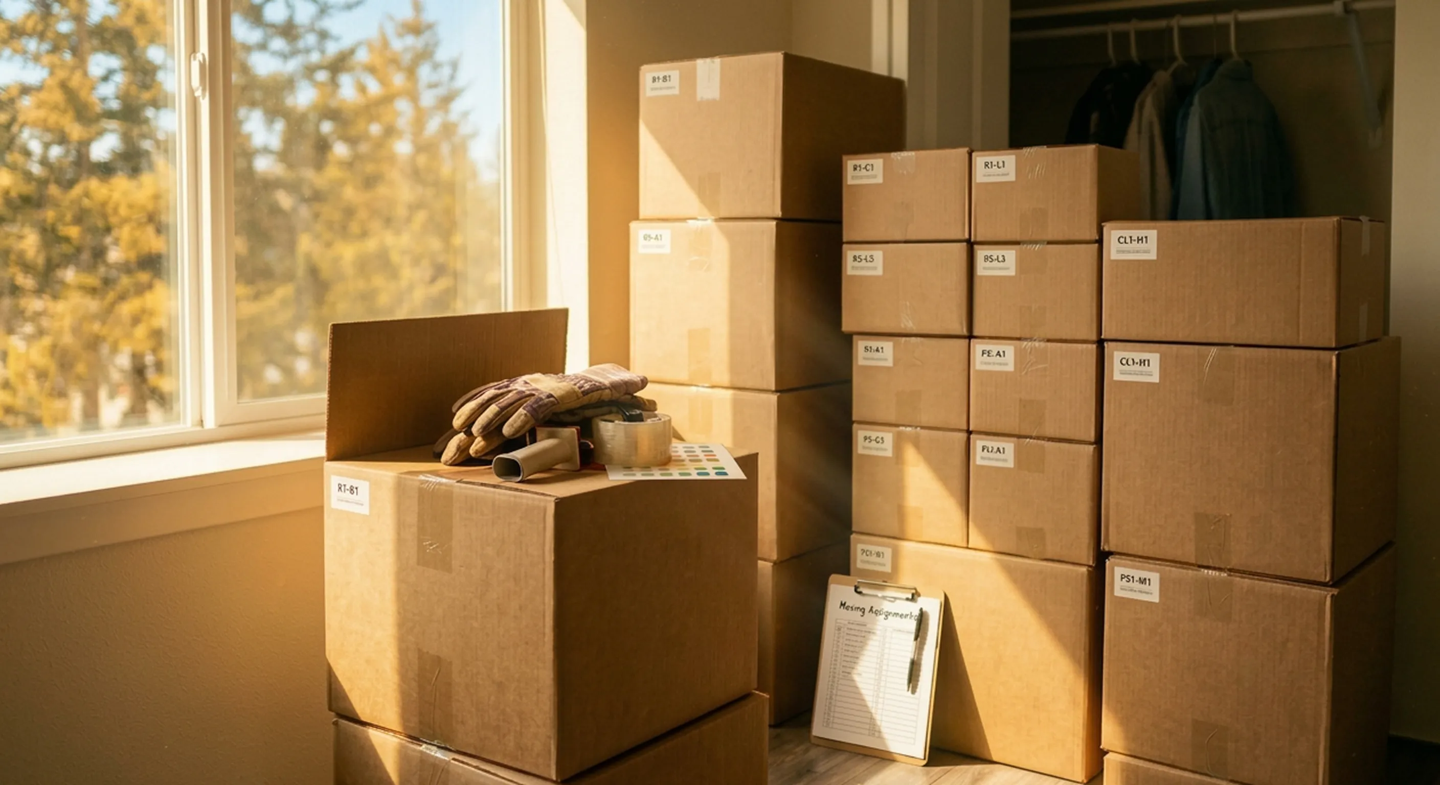 Neatly labeled and organized moving boxes ready for a transition